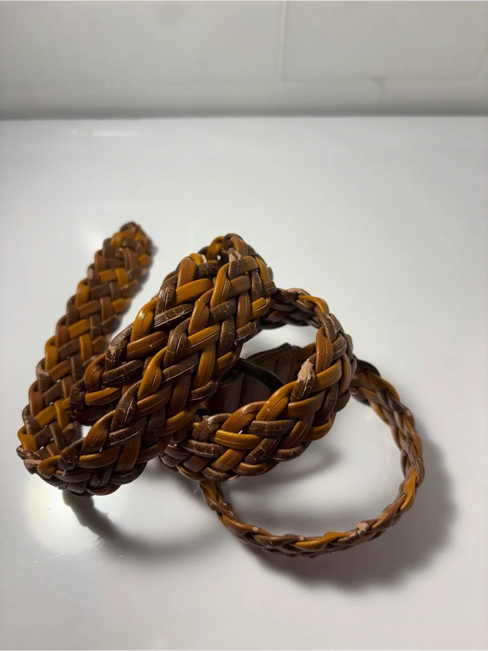 Brown Two Tone Braided Woven Belt Size L Oval Metal Buckle
